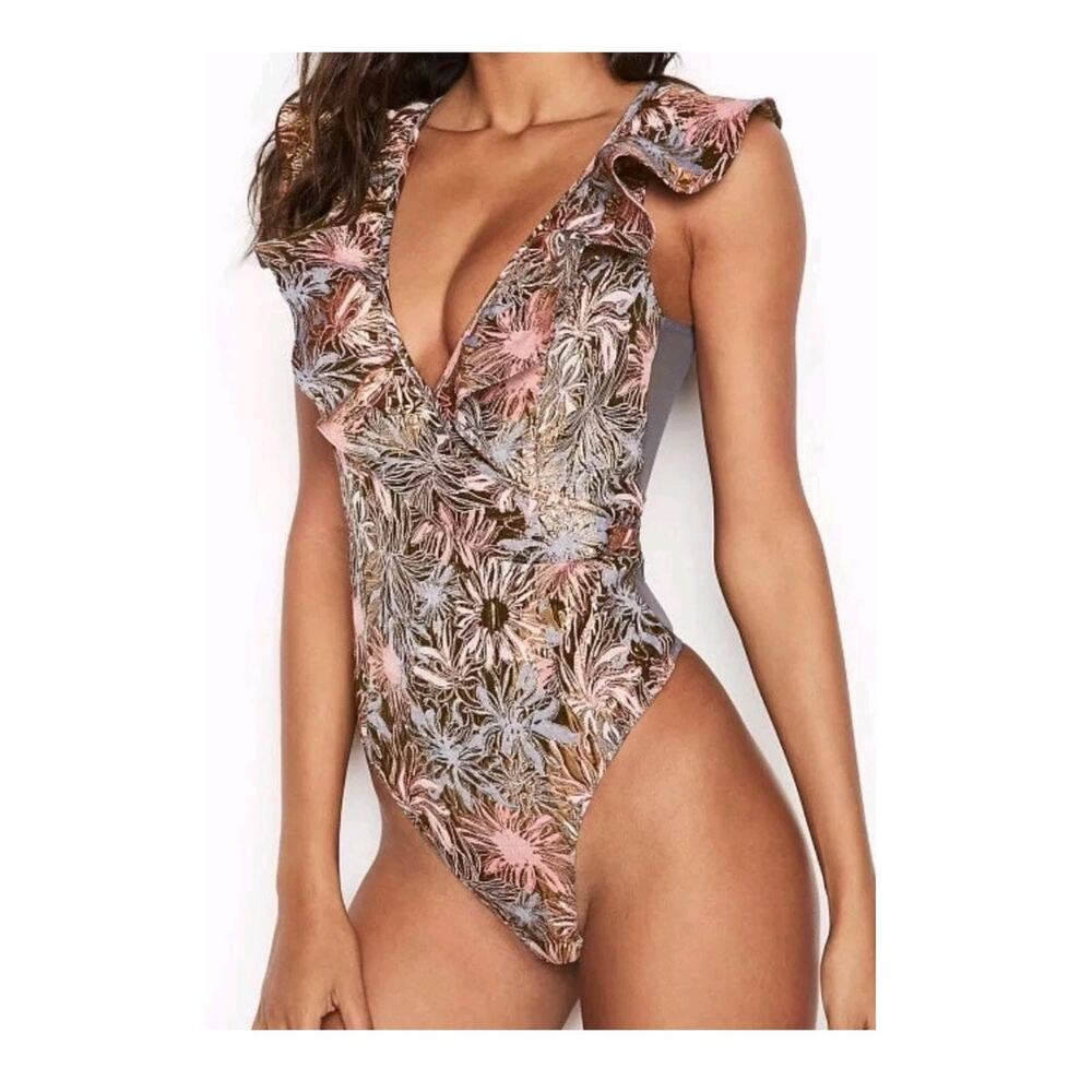 NWOT Victoria's Secret Dream Angels Shine Brocade Ruffle Bodysuit, Size XS